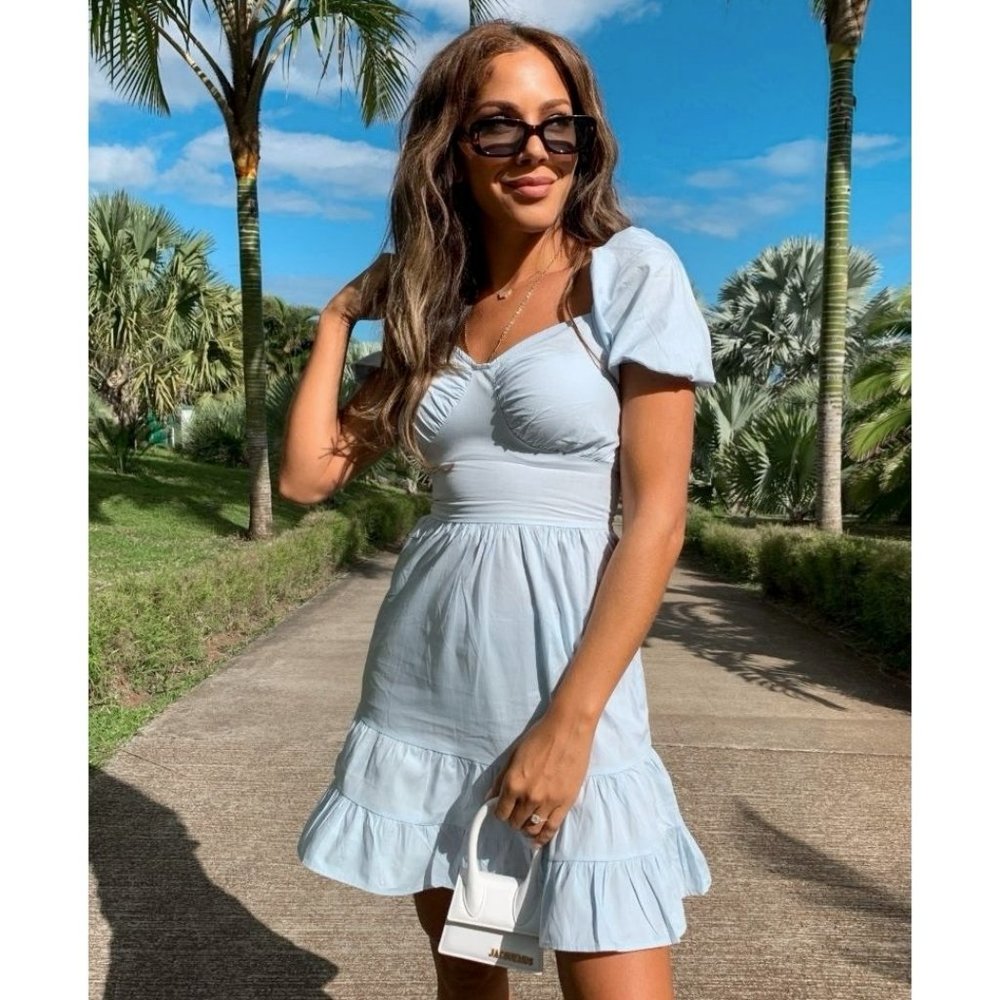 Blue Short Sleeve Bustier Frill Hem Fit and Flare Mini Dress - Picture 3 of 5